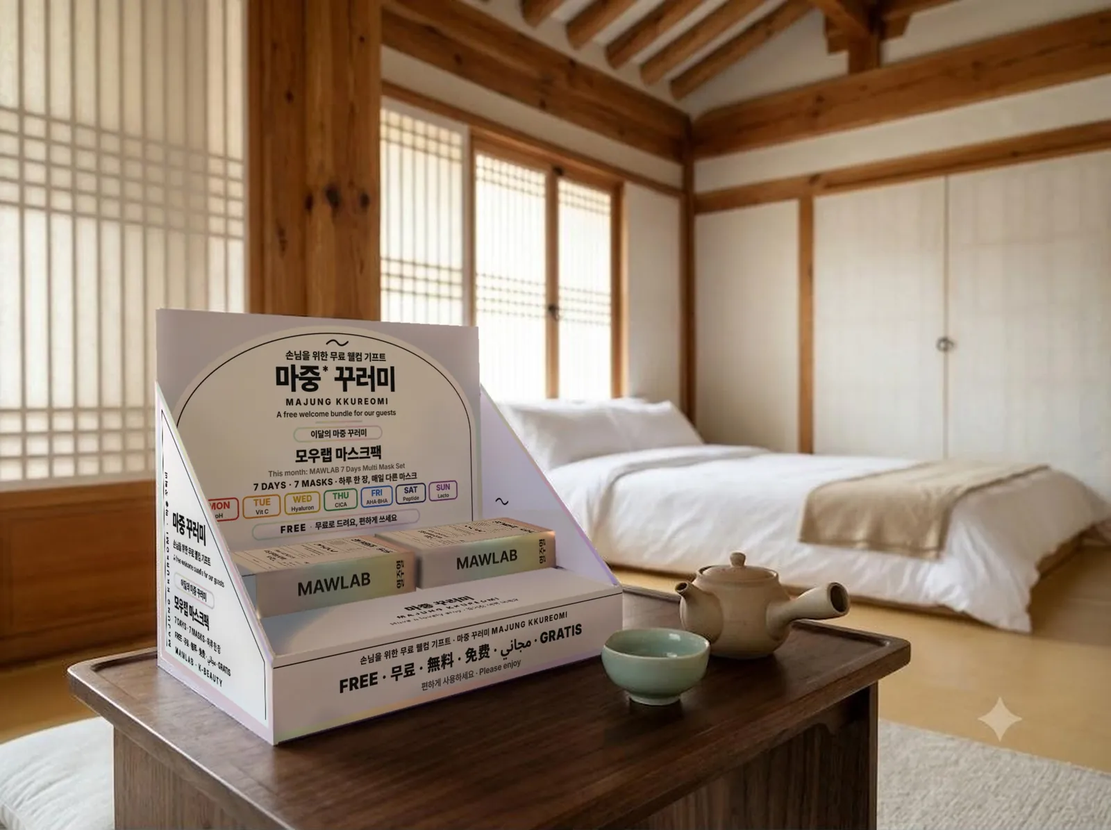 한옥 숙소 찻상 위에 놓인 마중 꾸러미 종이매대. 이달의 마중 꾸러미로 모우랩 마스크팩 상자 두 개가 담겨 있다.